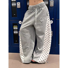 Grey Wide Leg Polka Dot Patchwork Sweatpants