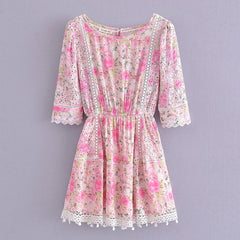 Pink Floral Quarter Sleeve Mini Dress