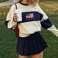 White American Flag Blue Stripe Knitted Pullover