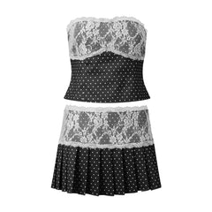 Polka Dot Lace Trim Tube Top and Pleated Mini Skirt Set
