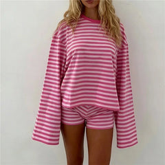 Striped Long Sleeve Cropped Top And Low Rise Shorts Loungewear Set
