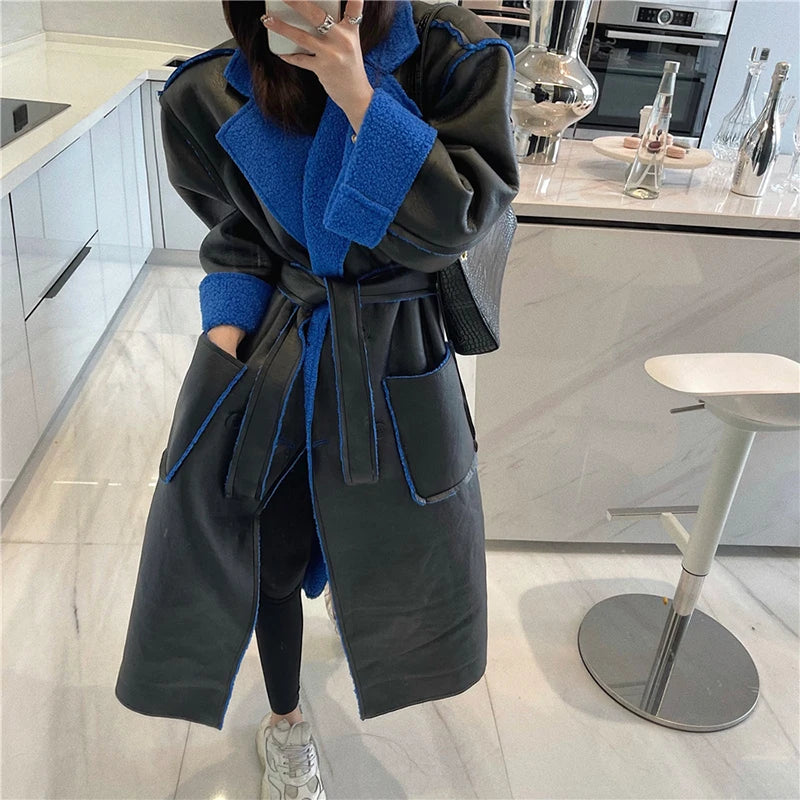 Blue Fur Double-Sided Leather Long Jacket