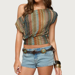 Off One Shoulder Striped Sheer Cinched Waist Top