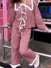 Red Plaid Long Sleeve Doll Collar Tie Up Top And  Wide Leg Pants Sets