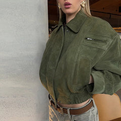 Turn-down Collar Zipper Suede Jacket
