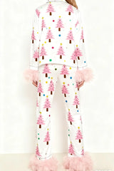 Christmas Satin Feather Trim Button-down Shirt And Pants Pj Set