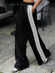 Satin Lace Trim Elastic Waist Wide Leg Pants