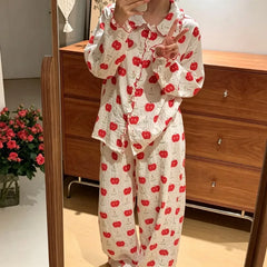 Red Apple Print Collar Long Sleeve Shirt And Pants Pajama Set