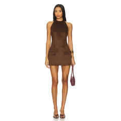 Brown Seaud Halter Mini Dress