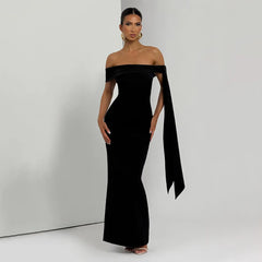 Slash Neck Off-Shoulder Ribbon Split Maxi Dress
