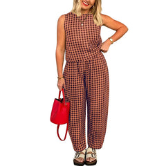 Printed Plaid Sleeveless Vest And Wide Pants Set