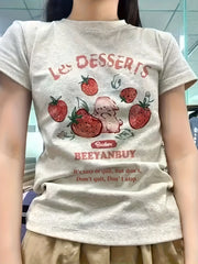 Les Dessert Strawberry & Letter Print Short Sleeve T-Shirt