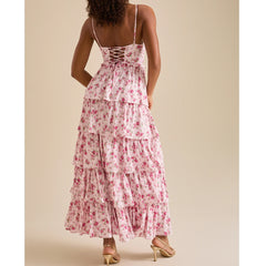 Pink Floral Spaghetti Strap Ruffles Tiered Maxi Dress