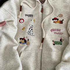 Dog Graphic Embroidery Zip-Up Hoodie