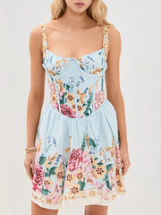 Blue Floral Printed Corset A-Line Mini Dress