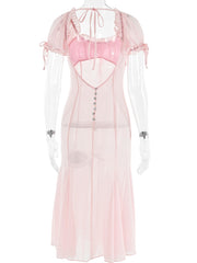 Pink Puff Sleeve Backless Crystal Button Mesh Midi Dress - Free From Label