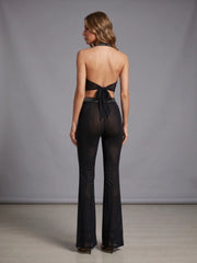 Black Rhinestone Cowl Neck Crop Tie Up Top And Wide Leg Pants Set