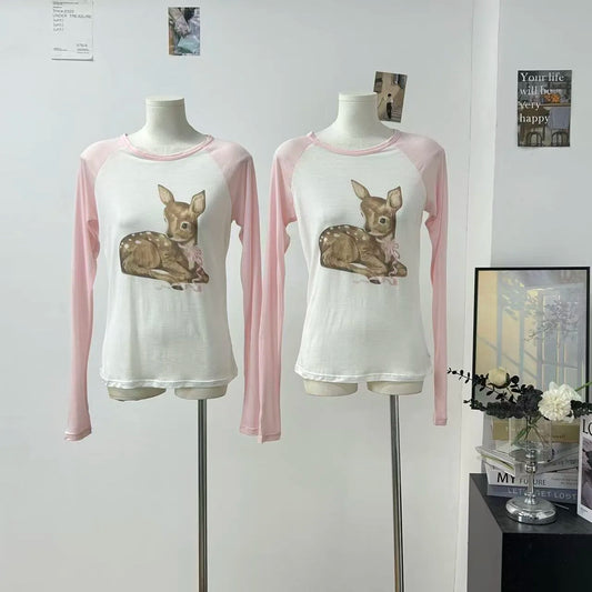 Pink Baby Deer Round Neck Long Sleeve Top