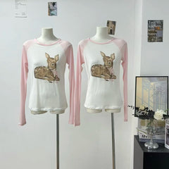 Pink Baby Deer Round Neck Long Sleeve Top