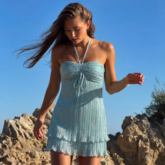 Blue Crinkle Drawstring Halter A-Line Mini Dress
