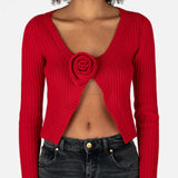 Ribbed 3D Flower Open Front Long Sleeve Cardigan