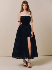 Black Strap Ruffles Tulle Midi Slit Dress