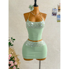 Green Sequin Patch Halter Top And Skort Set