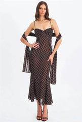 Black Polka Dot Sweetheart Neck Spaghetti Strap Scarf Maxi Dress