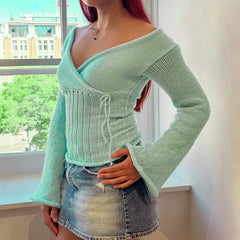 Long Sleeve Knitted Wrap Tie Up Multi Way Top
