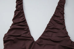 Brown Ruched Halter Midi Dress