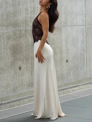 White Lace Black Patchwork Halter Maxi Dress