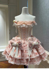Pink Lace Up Strapless Bow Pearl Desgin Tiered Mini Dress