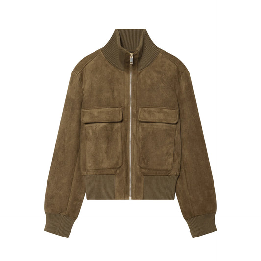 Brown Faux Suede Stand Collar Zip Up Bomber Jacket