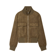 Brown Faux Suede Stand Collar Zip Up Bomber Jacket