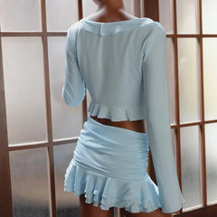 Blue Ruffled Crop Top and High-Waist Mini Skirt Set