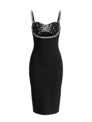Spaghetti Strap Front Cut Out Diamond Beading Midi Bandage Dress