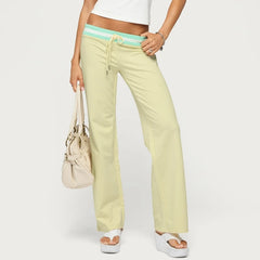 Yellow Striped Waist Contrast Drawstring Wide Leg Pants