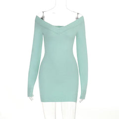 Blue Off-Shoulder Knit Long Sleeve Mini Dress