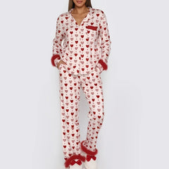 Satin Heart Print Fur Trim Long Sleeve Top and Pants Lounge Set