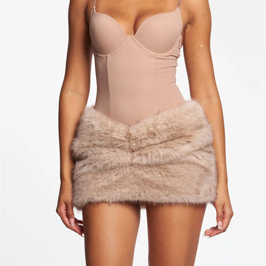Plush Faux Fur Front Ruched Bodycon Pencil Mini Skirt