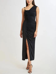 Diagonal Collar Gold Button Black Ruched Midi Dress