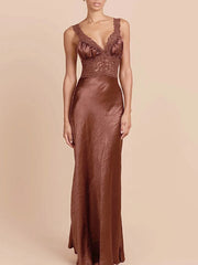 Brown Lace Patchwork Satin Strap Maxi Dress