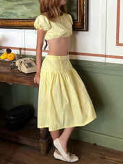 Round Neck Long Sleeve Crop Top And Low Waist Midi A Line Skirt Two Piece Set