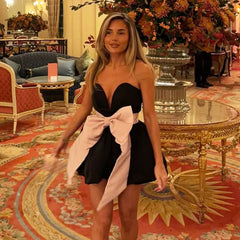 Black Strapless Puffy Dress Bow Decoration Mini Dress