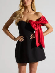 Black Strapless Red Satin Bow Mini Dress