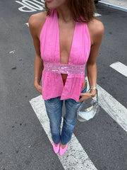 Pink Halter Slit Sequin Strap Backless Crop Top