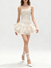 Embroidery StraplessPleated Flare Mini Dress