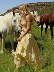 Yellow Ruched Strapless Crop Top And Maxi Skirt Set