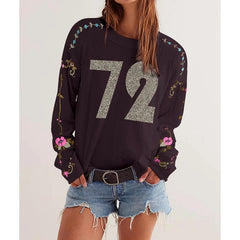 Graphic Numer Floral Embroidery Long Sleeve Shirt
