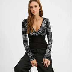 Plaid Patchwork Black Long Sleeve Top
